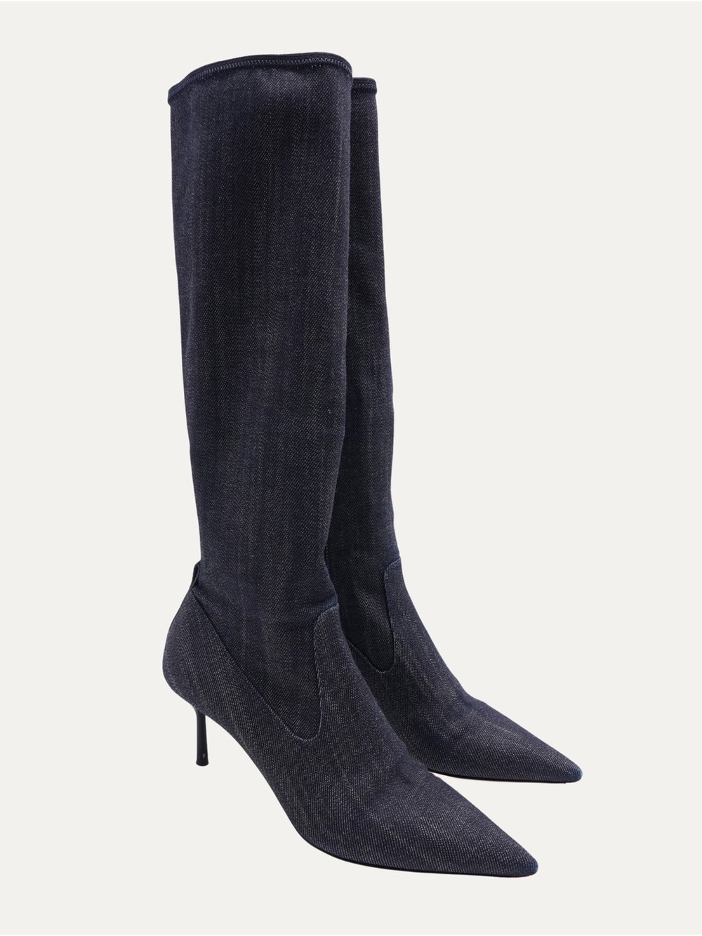 Miu miu Knee-High Pointed Toe Stiletto Boots in Dark Denim